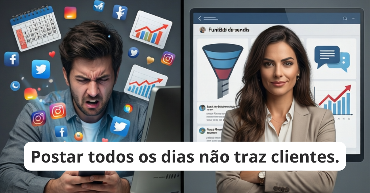 Imagem ilustrando a diferença entre postar todos os dias nas redes sociais e criar conteúdo estratégico que gera clientes